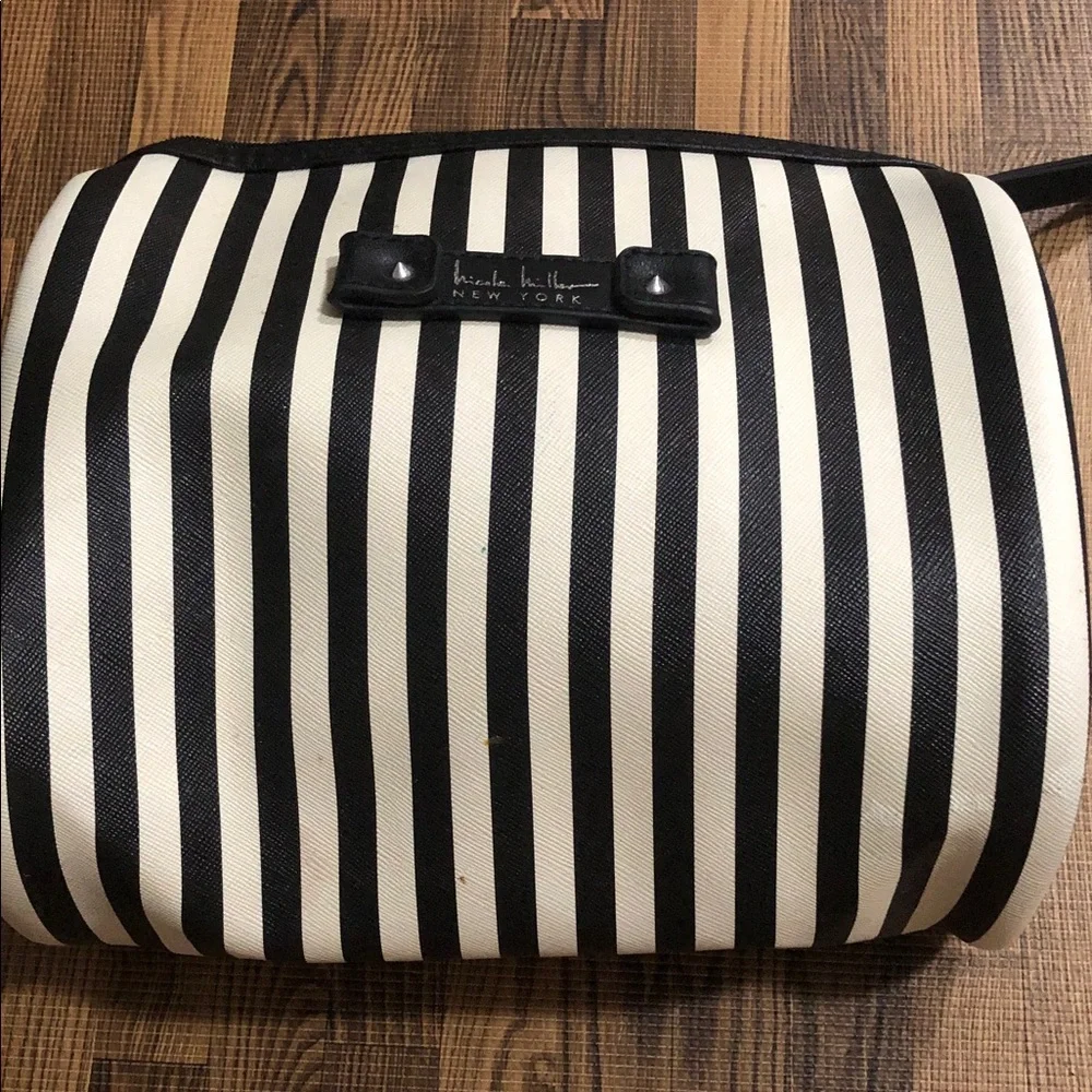 Nicole Miller Black and White Striped Cosmetic Pouch